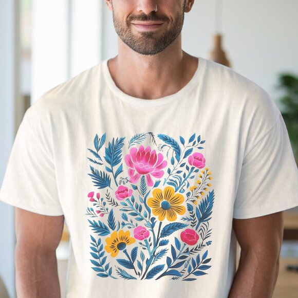 Botanical Floral Shirt Colorful Flower Art Graphic Tee Pink Yellow Blue Nature D - Picture 4 of 6
